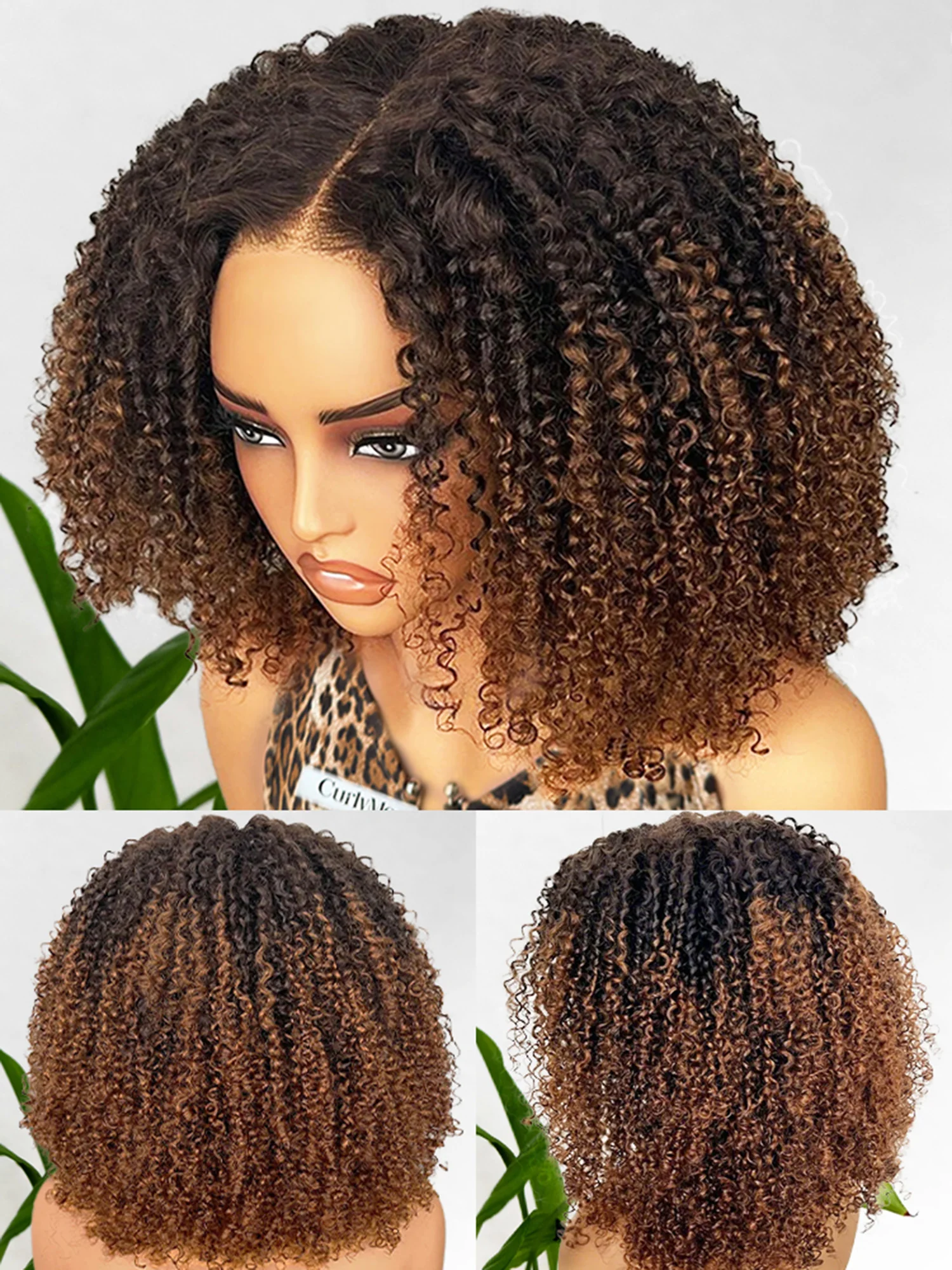 CurlyMe Layered Ombre Brown Pre-Styled Curly Bob Kinky Curly Wig Pre-Cut 7x5 Glueless Wig - Image 2